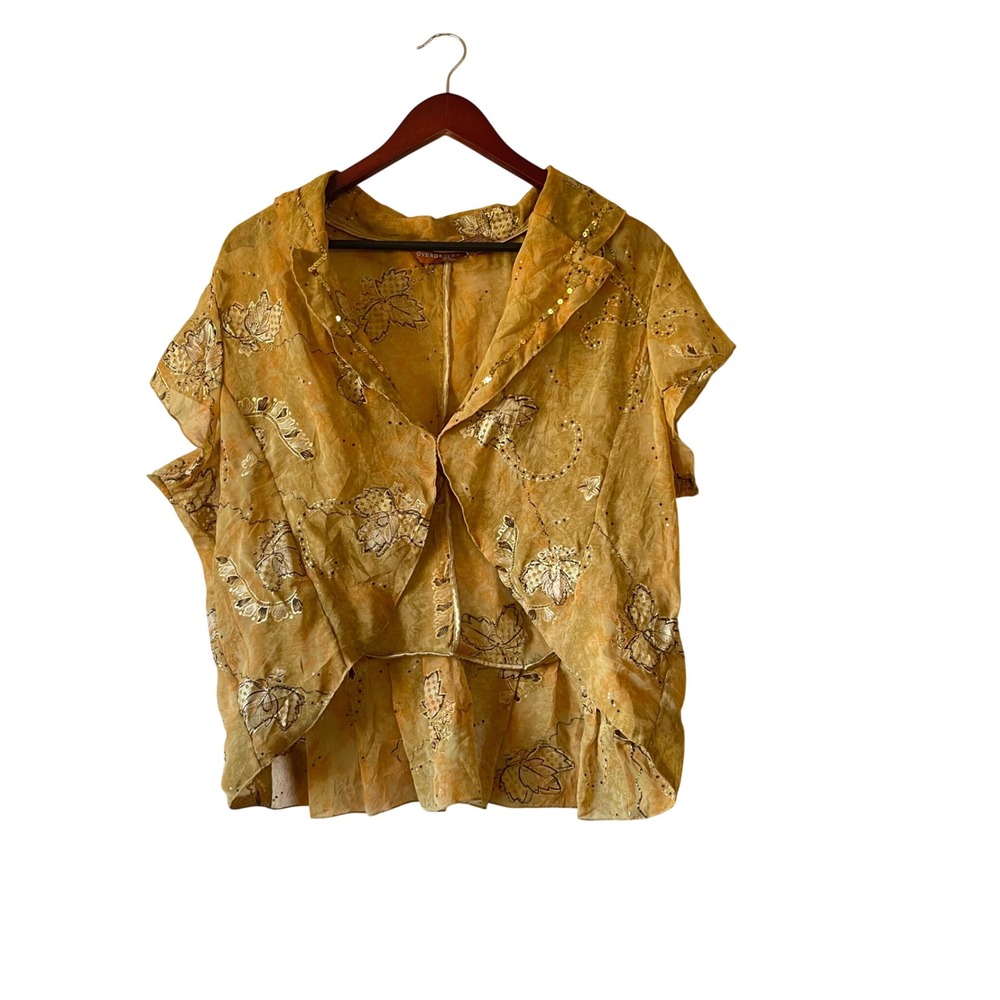 Vintage y2k Mustard Yellow Gold Metallic Sequin Leaf Print Blouse Top 3X